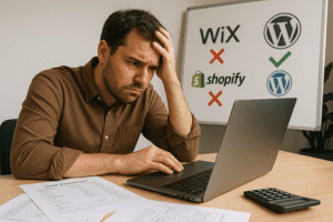 WordPress vs website platforms. A frustrated small business owner sits at a modern office desk, staring at a laptop with his hand on his forehead. Papers showing cost calculations, a smartphone, and a calculator are spread across the desk. Behind him, a whiteboard displays website platform logos: Wix and Shopify marked with red Xs, and WordPress marked with a green check. The workspace is well-lit with natural office lighting, and the man’s expression reflects concern and decision-making stress.