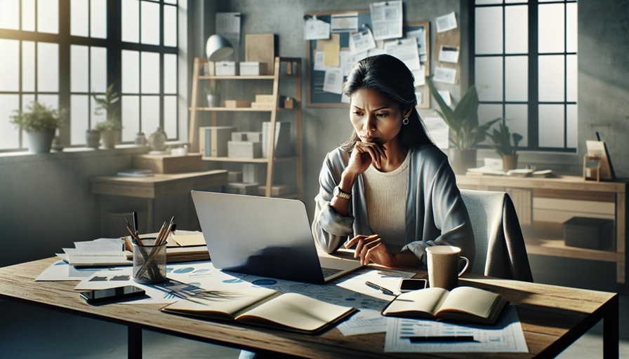 content marketing; A small business owner sits at a desk in a modern office, looking thoughtful while working on a laptop. Papers, notebooks, a coffee cup, and a phone are spread out on the desk, with large windows and bulletin boards in the background, creating a focused and professional atmosphere.