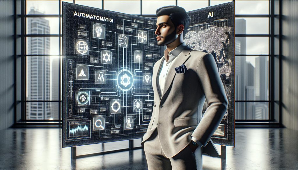 AI Accuracy for small business: A photorealistic image of a confident businessman in a light grey suit standing in front of a large digital display filled with glowing icons representing artificial intelligence and automation. The backdrop features tall glass windows overlooking a city skyline, conveying innovation and modern technology.