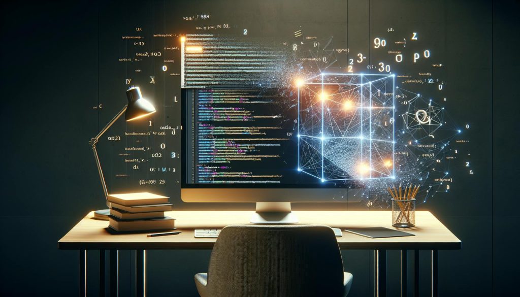 AI Search Optimisation. A photorealistic image of a modern desk with a computer screen displaying lines of code transforming into glowing geometric data structures. Symbols, numbers, and network lines float around the screen, representing AI converting written content into vector embeddings. Warm desk lighting and a stack of books create a focused, technical atmosphere.