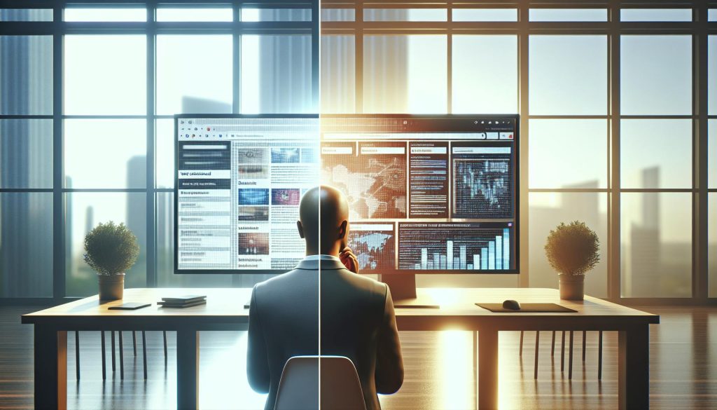 AI Search Optimisation. A photorealistic image of a person seated at a desk in front of a large computer monitor divided into two halves. The left half shows a dull, pixelated website, while the right half displays a bright, detailed interface with charts and data visualisations. The contrast symbolises visibility versus invisibility in AI search. Sunlight filters through large office windows, creating a professional tone.