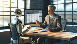 AI accuracy for small business: A photorealistic scene of a modern office. A grey-haired businessman in a suit sits across from a humanoid robot, both facing a large computer monitor displaying a detailed spreadsheet. Sunlight streams through large industrial-style windows, creating a professional yet calm atmosphere.