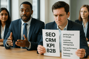 man confused by online marketing acronyms in a meeting