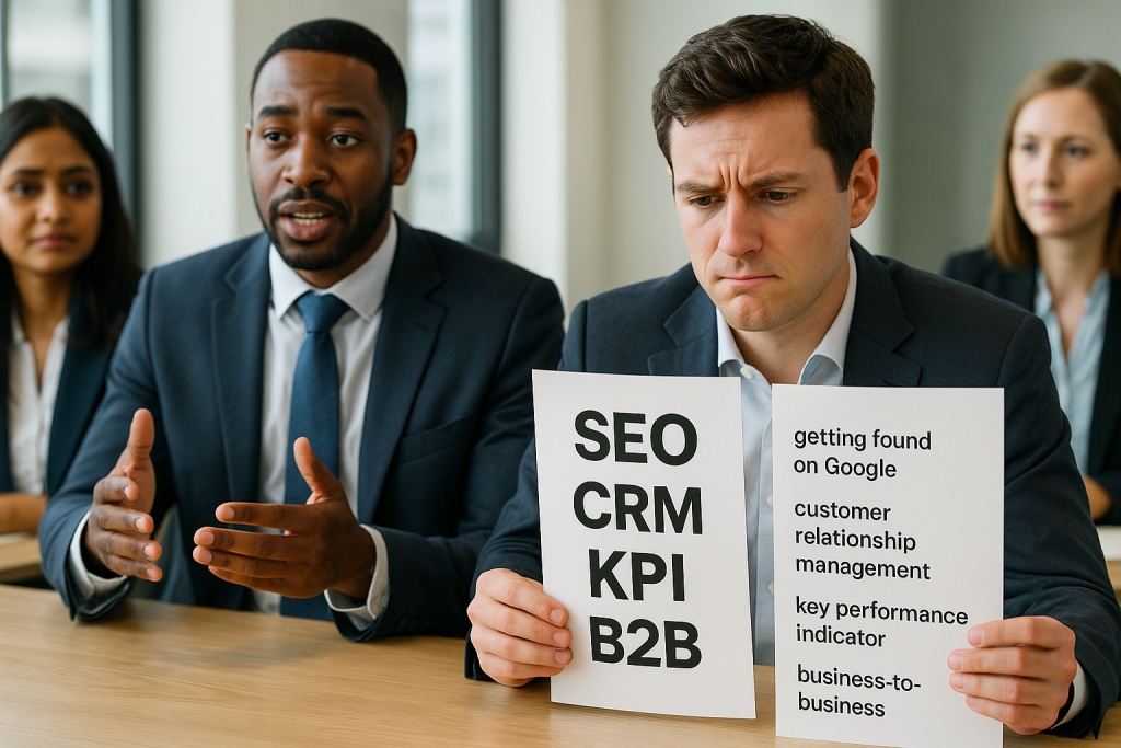 man confused by online marketing acronyms in a meeting