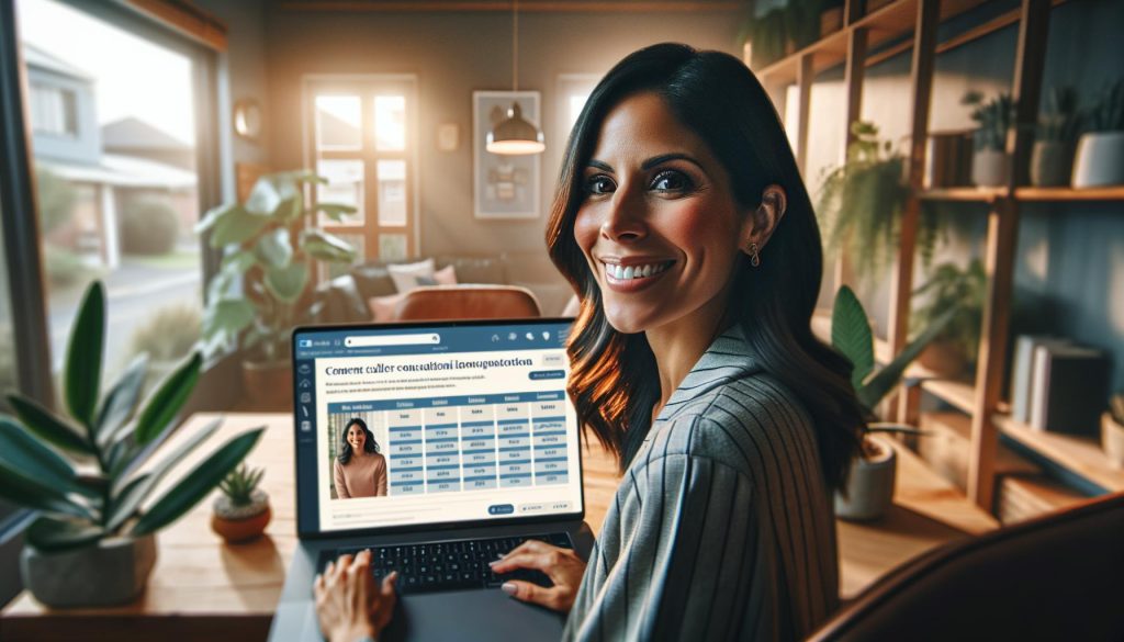 A smiling professional woman working on a laptop in a home office with plants and warm lighting, conveying creativity and productivity in content marketing for small businesses.