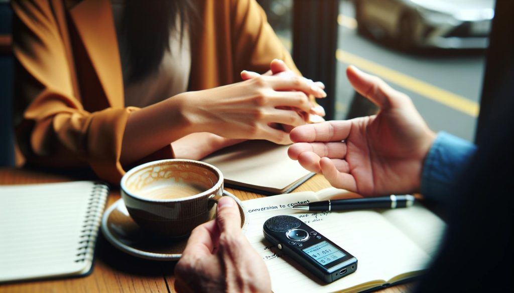 Two people having a discussion over coffee with notebooks and a voice recorder on the table, illustrating collaboration and idea sharing in content marketing for small businesses.