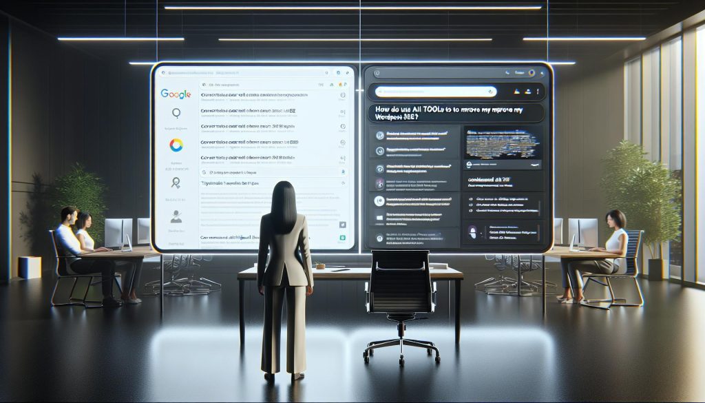A photorealistic image showing a professional in a sleek office standing between two large digital screens. The left screen shows a traditional Google-style keyword search, while the right displays an AI-powered conversational query with detailed results. The contrast visually represents the shift to a question-based content strategy focused on specific, conversational searches.