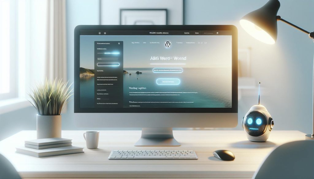 Expert Website Build + AI Editing. A desktop computer showing a clean WordPress style website screen, set on a tidy desk with a plant, books, coffee cup and a small robot, representing AI assisted website editing.