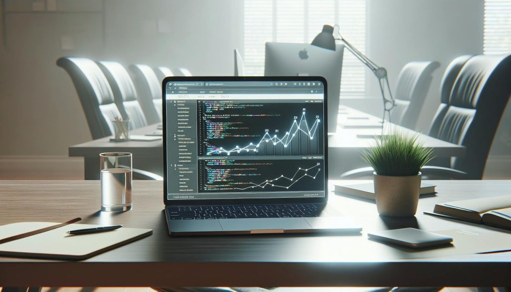 Technical + SEO Expertise. A laptop on a meeting room table displaying code and data charts, with office chairs and soft lighting in the background, highlighting technical skill and SEO focused development.